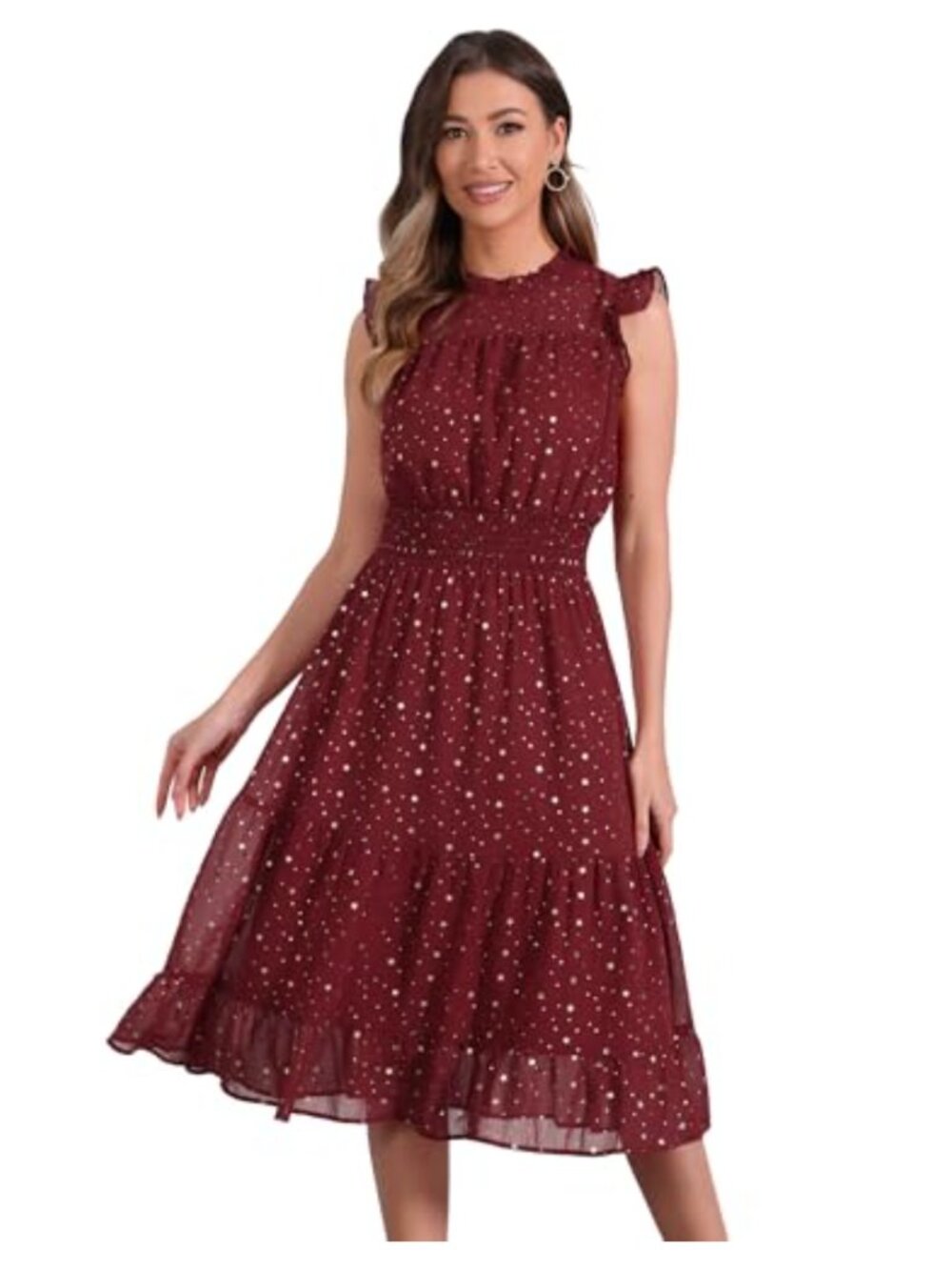 Metallic Stars Sleeveless Smocked Waist Chiffon Midi Dress Women